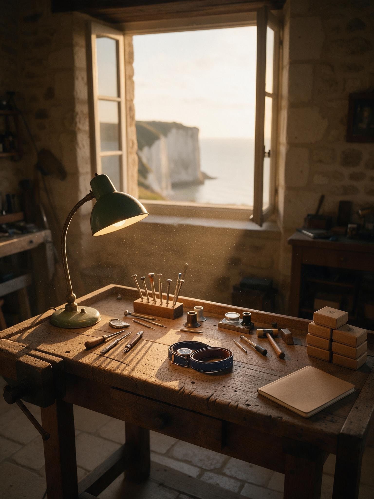 L'établi de l'atelier, face à la fenêtre ouverte sur les falaises normandes