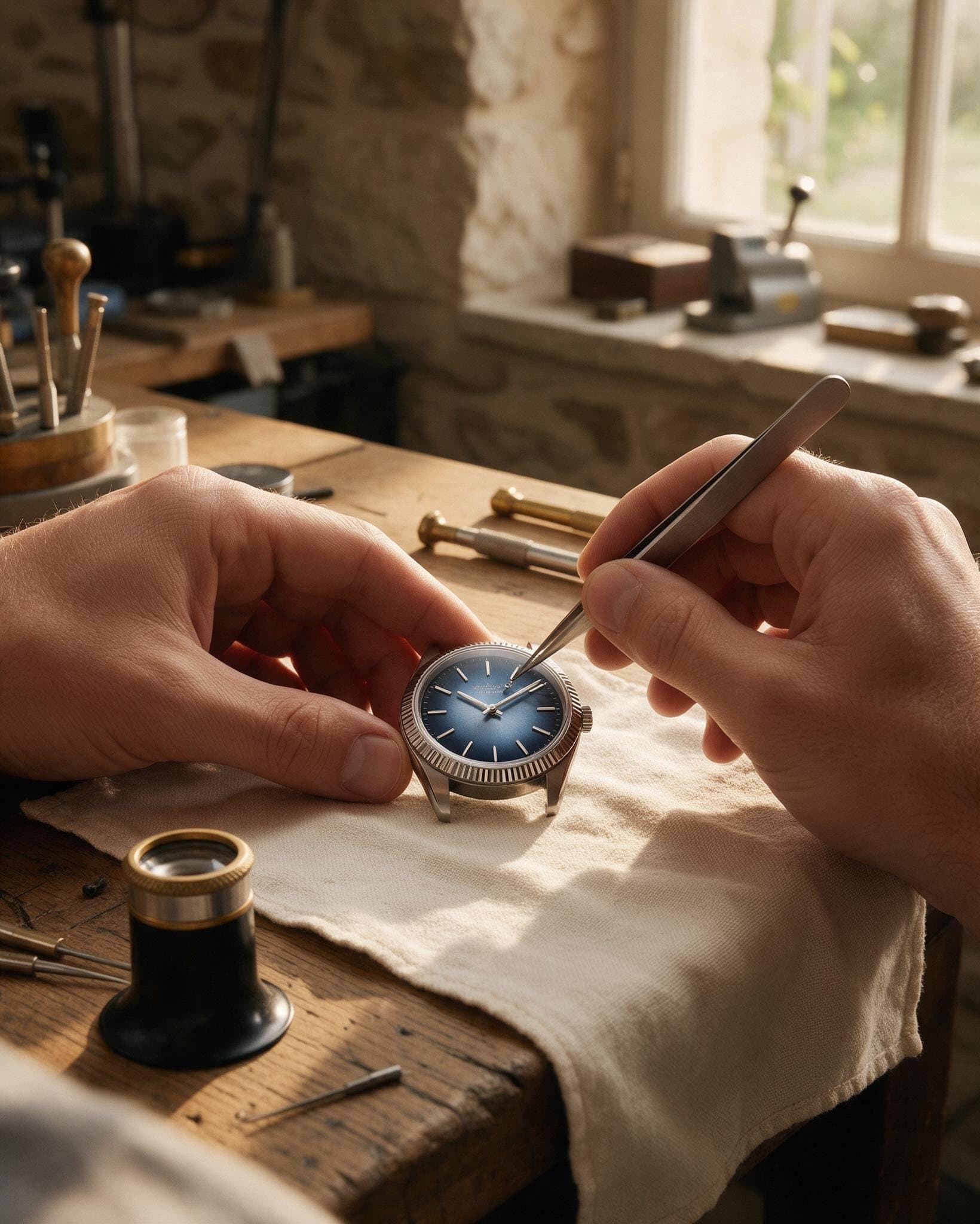 Mains d'horloger posant les aiguilles d'une montre à cadran bleu, à l'établi